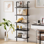 aboxoo Ladder Shelf Open 5-Tier Bookshelf Wall-Mounted Black Wood Bookcase Storage Rack Open Industrial Modern Plant Stand Utility Organizer Bookcase Metal Frame Furniture Office Bedroom