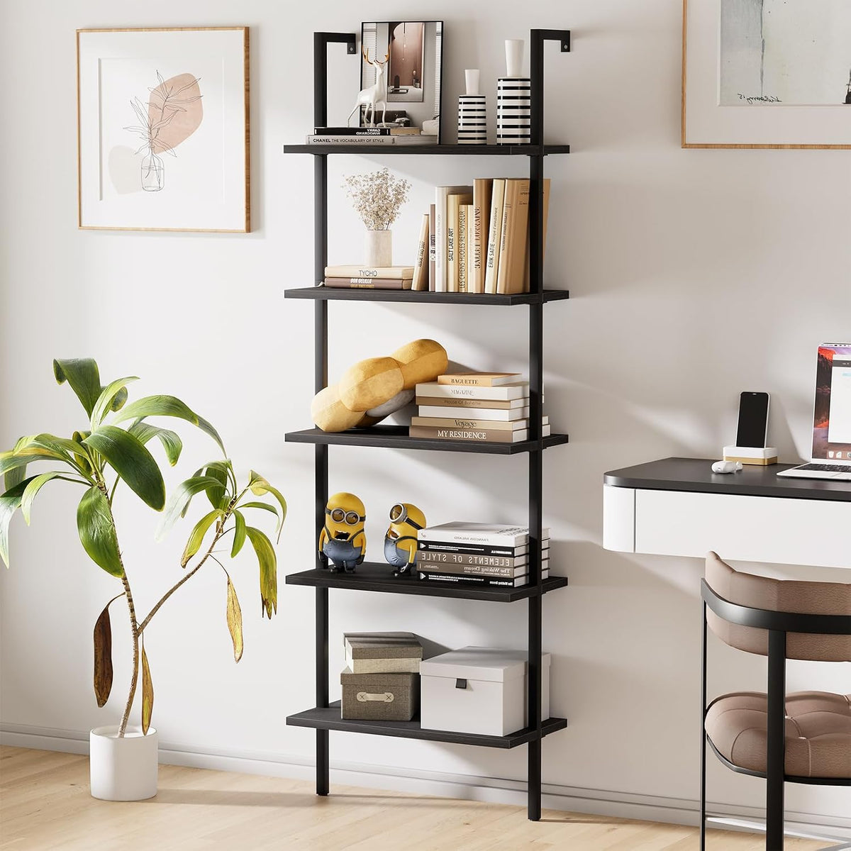 aboxoo Ladder Shelf Open 5-Tier Bookshelf Wall-Mounted Black Wood Bookcase Storage Rack Open Industrial Modern Plant Stand Utility Organizer Bookcase Metal Frame Furniture Office Bedroom