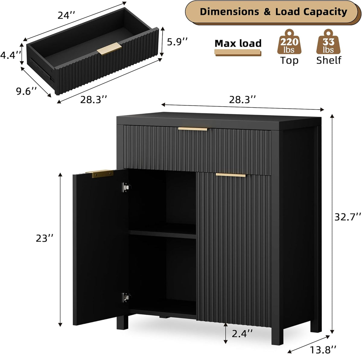 YaFiti Storage Cabinet Fluted Sideboard Buffet Cabinet with Adjustable Shelves & Quality Wooden Tabletop, Modern Accent Credenza Media Console for Living Room, Entryway, Hallway, Black