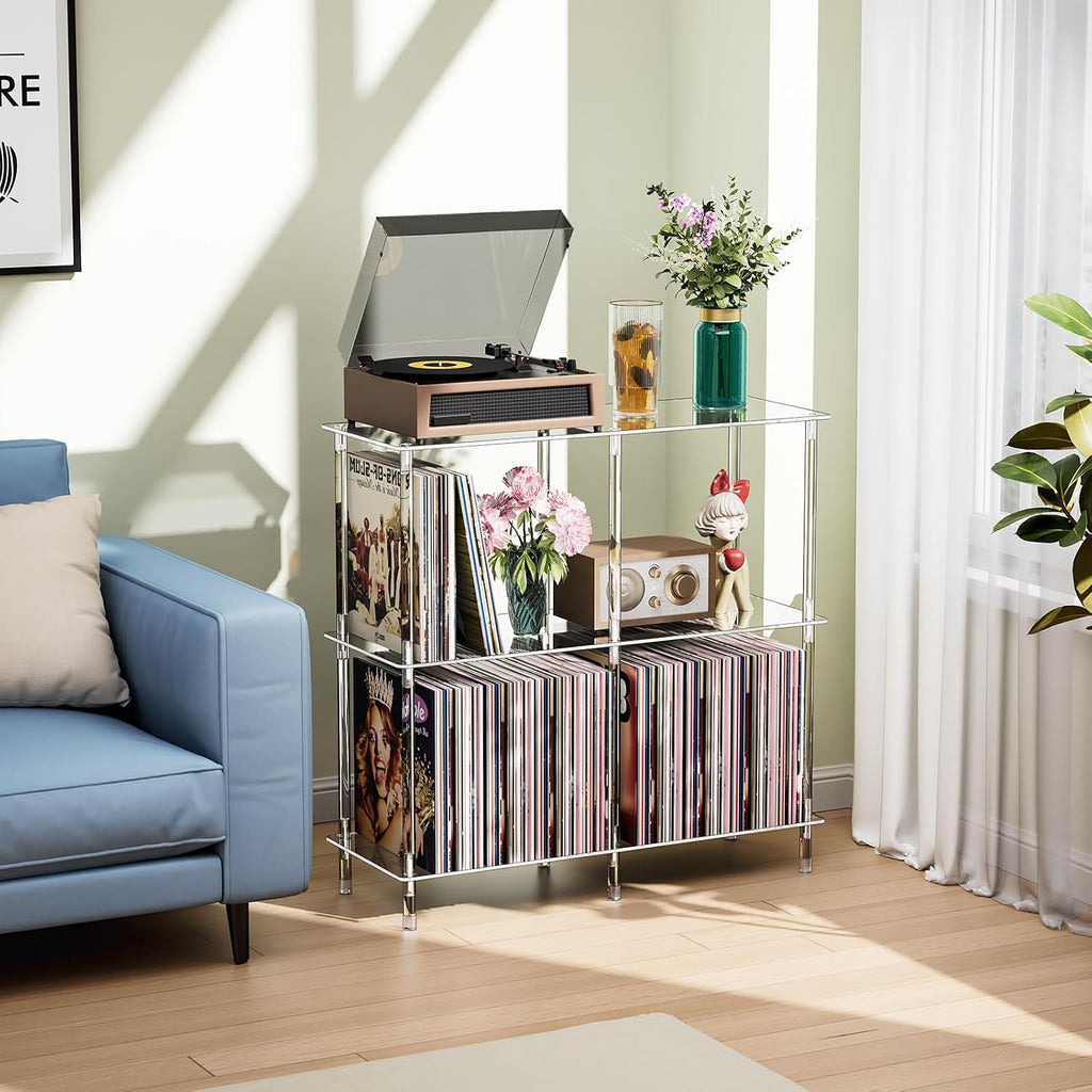 Clear Acrylic Record Player Stand with Vinyl Storage, 31.5" L x 11.8" W x 30.7" H, 3 Tier Side Turntable Table with Large Album Shelf, Modern End Table Bookshelf for Living Room, Bedroom