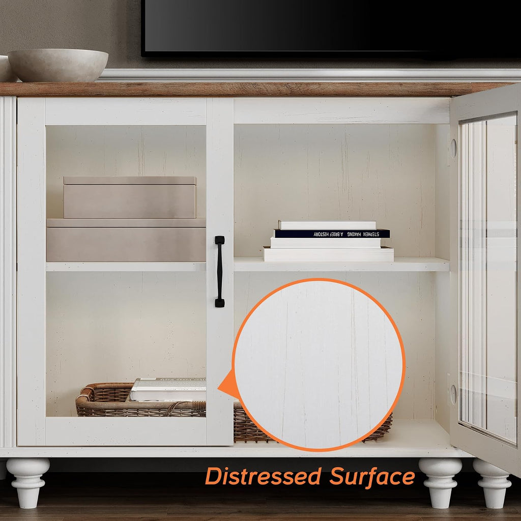 WAMPAT Farmhouse TV Stand for 75 inch TV with 4 Glass Doors, Wood TV Stand with 4 Storage Cabinets, White Entertainment Center TV Console Table for Living Room, Bedroom