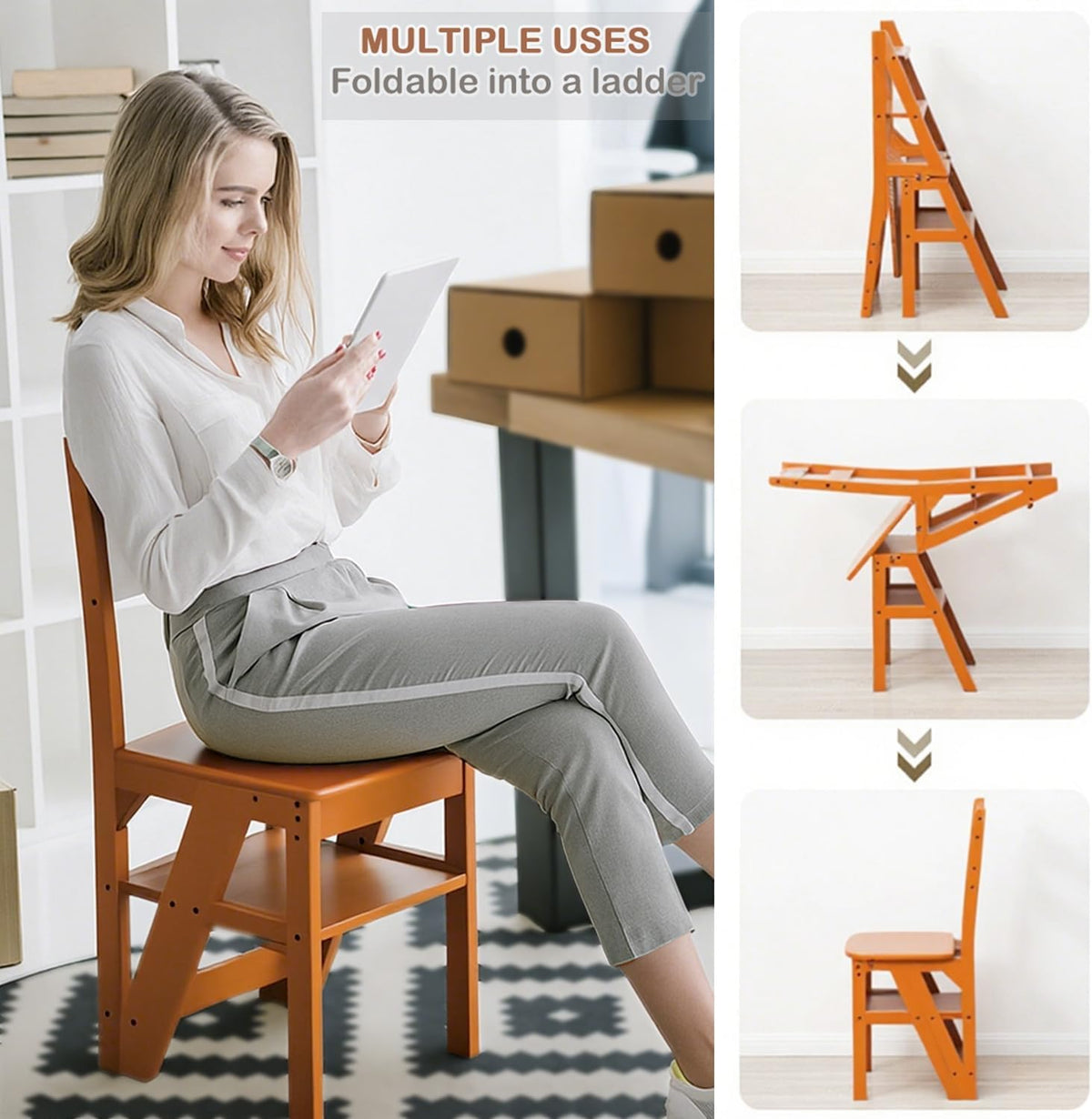 Solid Wood 3-in-1 Folding Ladder Chair, Convertible Step Stool & Display Rack, 4-Tier Multi-Functional Ladder, Dual Purpose for Home, Kitchen, Library, 265 lbs Capacity (Brown)
