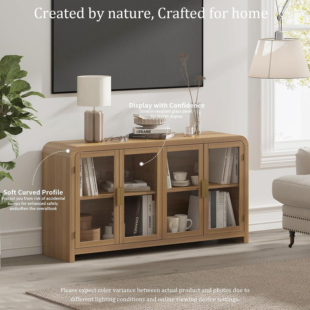 Oak&Sparrow Oak Sideboard Buffet Cabinet with Storage, 60'' Boho Buffets & Sideboards with Adjustable Shelves, Sideboard Cabinet with 4 Glass Doors for Living Room, Hallway & Kitchen