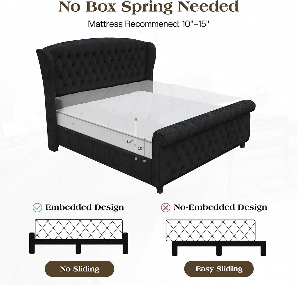 LUXOAK King Size Upholstered Sleigh Bed Frame with Tufted Headboard