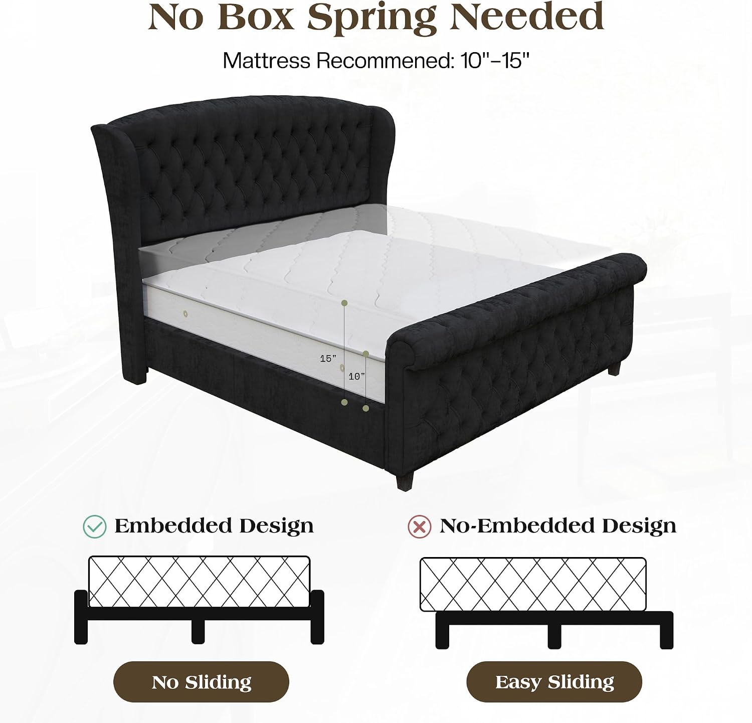 LUXOAK King Size Upholstered Sleigh Bed Frame with Tufted Headboard