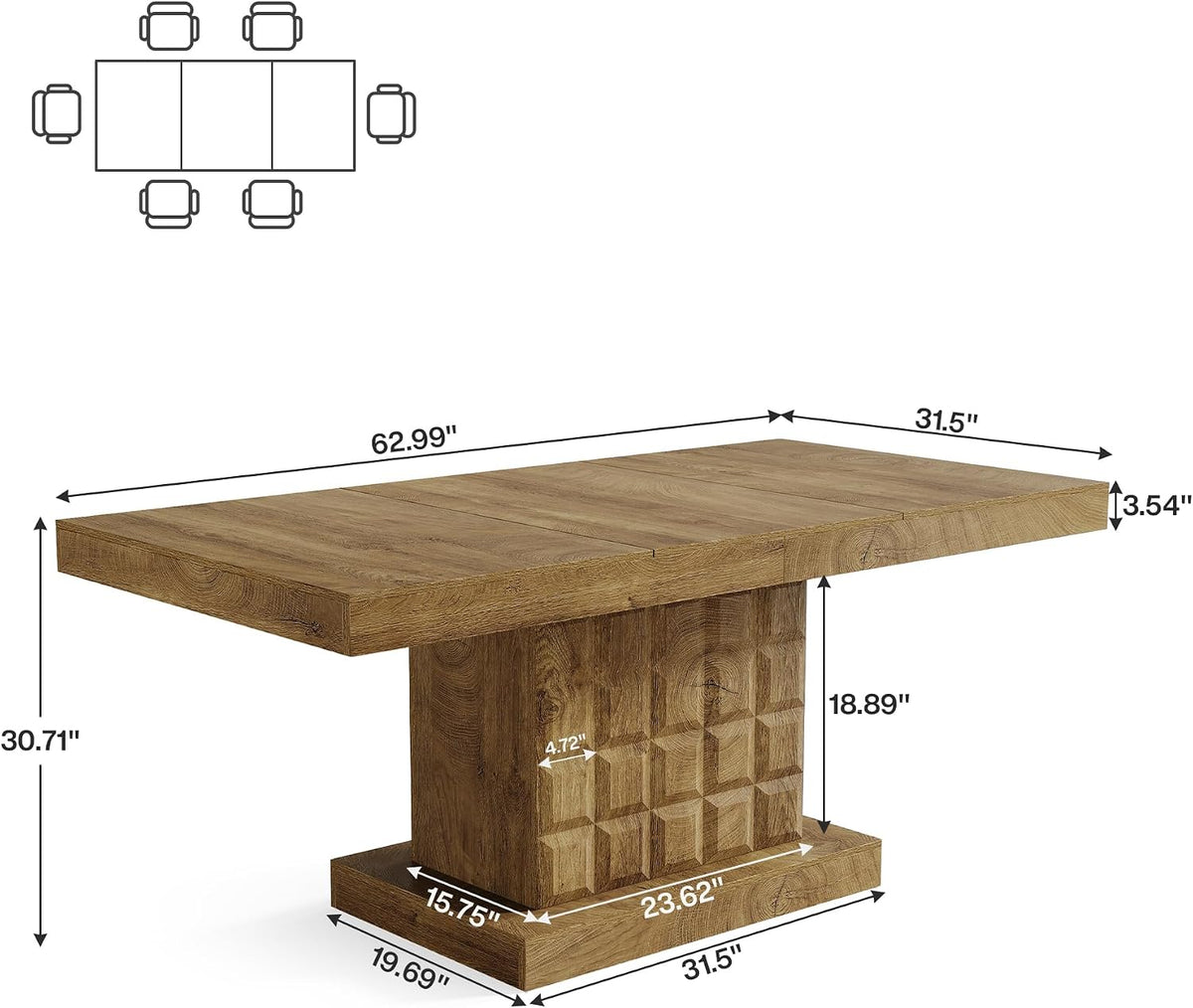 Tribesigns 63'' Dining Table for 4-6, Farmhouse Wooden Rectangular Dinner Table with Geometric Relief, Pedestal Base (Natural Brown)