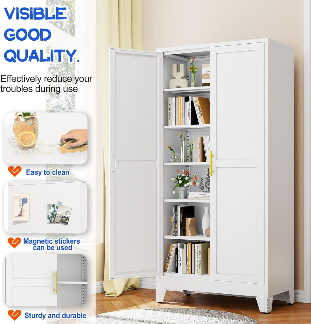 GAIOUS 75.2" Tall Metal Storage Cabinet with 2 Doors & 5 Adjustable Shelves | New upgrade Kitchen Pantry Cabinet, White Freestanding Cupboard, 6 Tier Steel Storage for Office, Kitchen, Dining, Garage