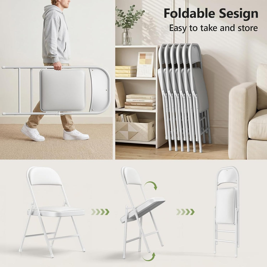 Folding Table and Chairs, 6ft Folding Table with Adjustable Height& PU Leather Padded Folding Chairs 6 Pack, Portable Table and Chairs Set for Indoor&Outdoor Use(White Table& White Chair)