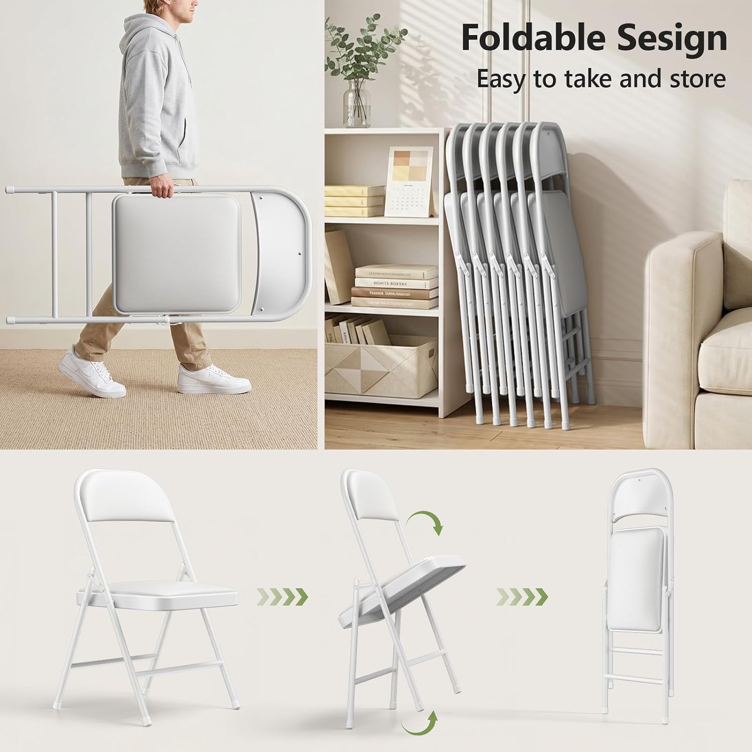 Folding Table and Chairs, 6ft Folding Table with Adjustable Height& PU Leather Padded Folding Chairs 6 Pack, Portable Table and Chairs Set for Indoor&Outdoor Use(White Table& White Chair)