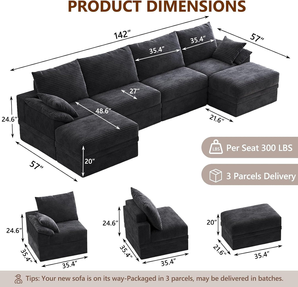 142" Modular Sectional Sofa Couch with Storage,U-Shape 4 Seat Comfy Modern Couch Sofa with Chaise, 27" Deep Seat Corduroy Sofa for Living Room, Tool-Free Assembly - Dark Grey