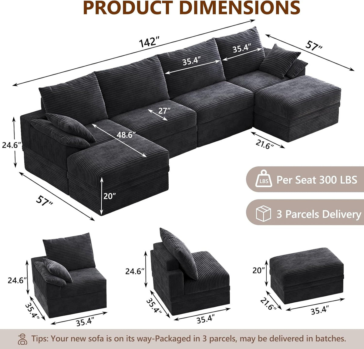 142" Modular Sectional Sofa Couch with Storage,U-Shape 4 Seat Comfy Modern Couch Sofa with Chaise, 27" Deep Seat Corduroy Sofa for Living Room, Tool-Free Assembly - Dark Grey