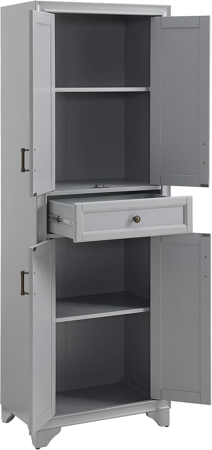Crosley Furniture Tara Pantry Storage Cabinet with Shelves, Kitchen, Dining, or Laundry Room, Distressed Gray
