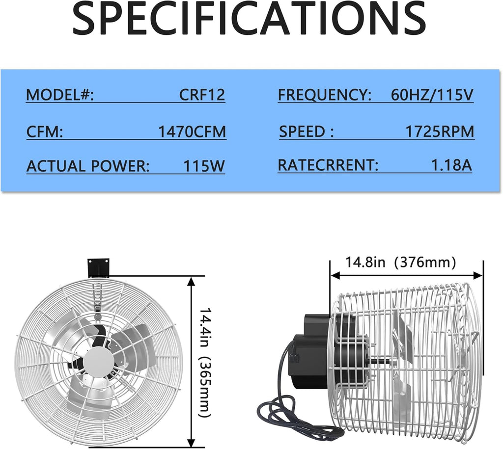 Greenhouse Air Circulation 1/10 HP 115V Ceiling Wall Mount Fan 1470CFM High Speed Circulation Fan for Greenhouse, Warehouse, Patio, Garage