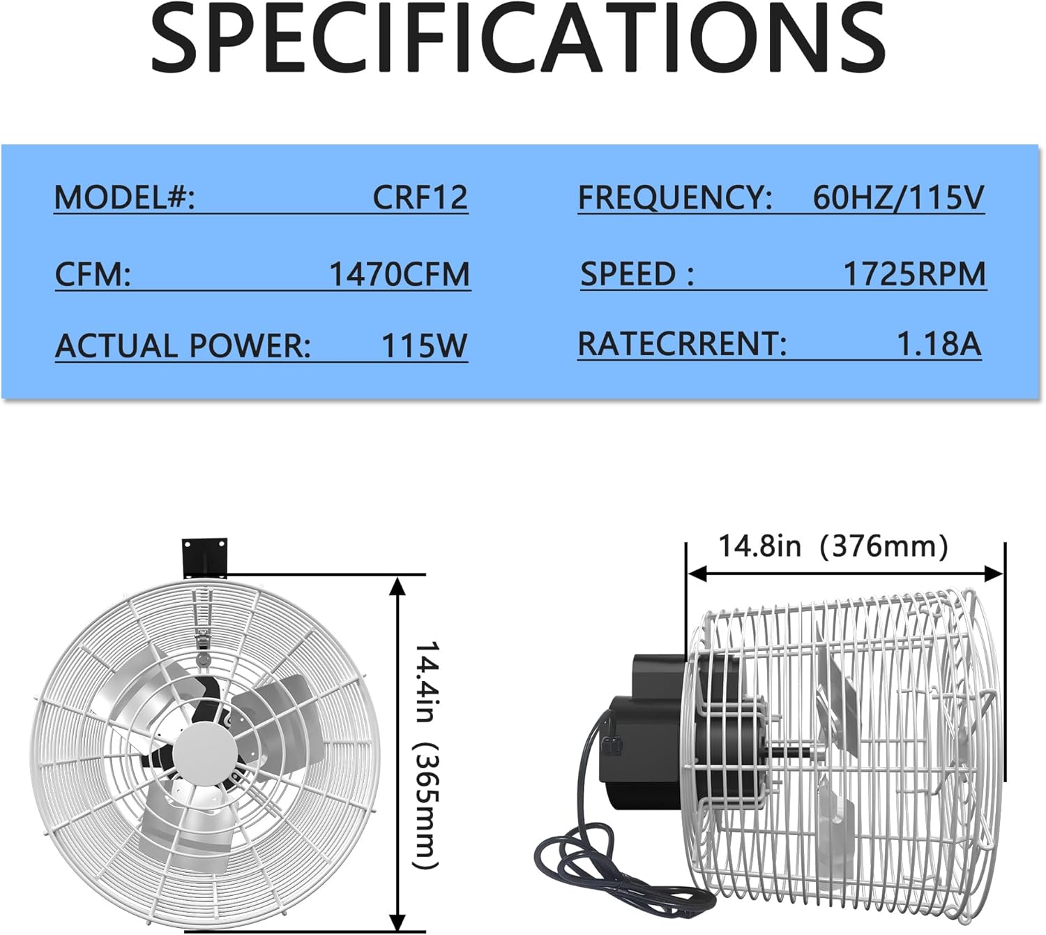 Greenhouse Air Circulation 1/10 HP 115V Ceiling Wall Mount Fan 1470CFM High Speed Circulation Fan for Greenhouse, Warehouse, Patio, Garage