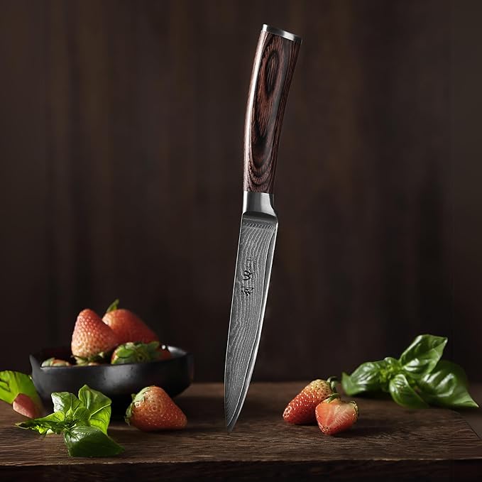Wakoli EDIB Damascus Utility Knife 4.7-inch - 67-Layer VG10 Core Steel, Razor Sharp Blade with Pakkawood Handle for Kitchen & Everyday Use - Gift Box