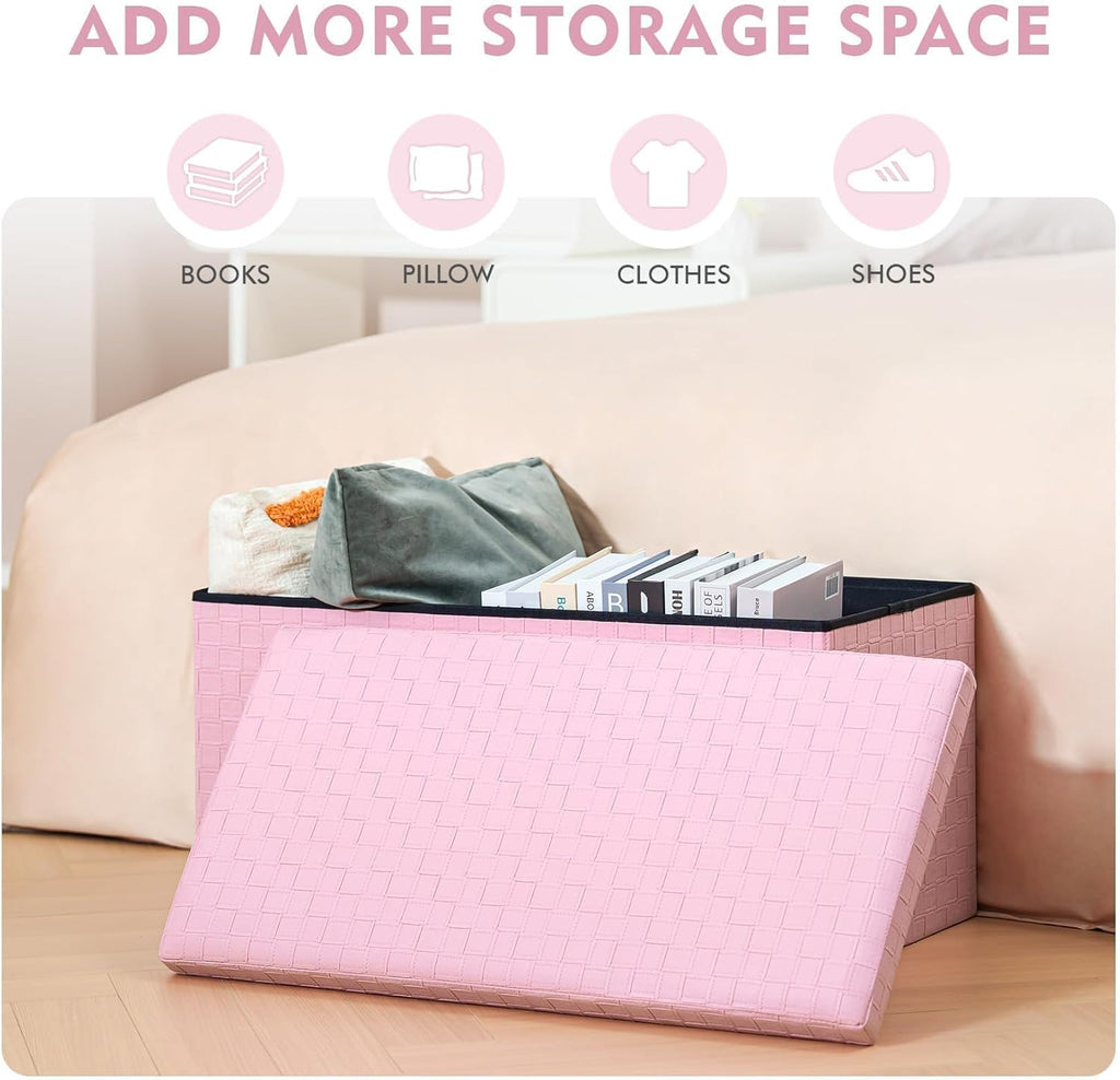 B FSOBEIIALEO Folding Storage Ottoman Bench, 30" Faux Leather Ottomans,Pink | Large Ottoman Foot Rest Padded Seat, Long Storage Bench Chest Box for Bedroom Living Room Hallway