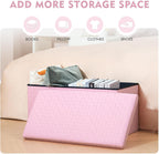 B FSOBEIIALEO Folding Storage Ottoman Bench, 30" Faux Leather Ottomans,Pink | Large Ottoman Foot Rest Padded Seat, Long Storage Bench Chest Box for Bedroom Living Room Hallway