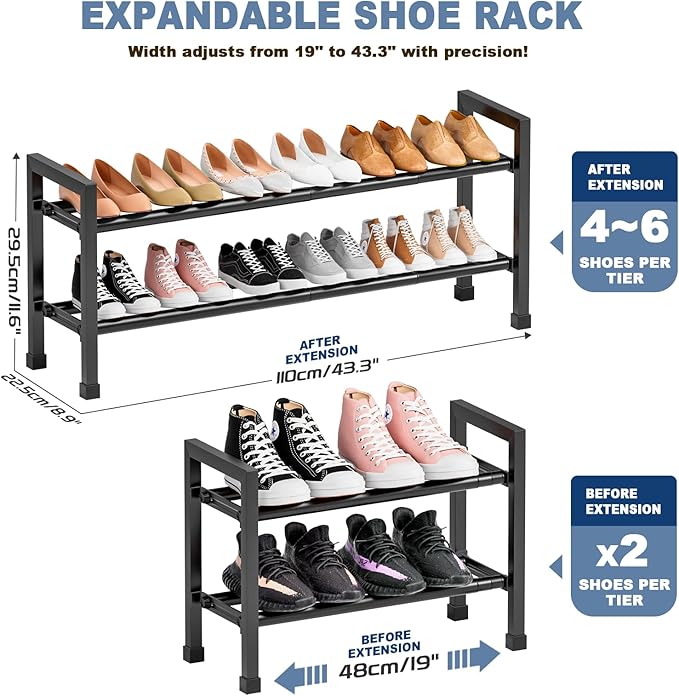 Mavivegue Expandable Shoe Rack, 2-Tier 19"-43.3" Adjustable Shoe Rack for Closet,Hall Entryway,Front Door,Garage, Sturdy Steel Space-Saving Rack, Black