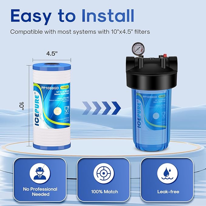 ICEPURE 5 Micron 10" x 4.5" Whole House Water Filter, Replacement for 3M Aqua-Pure AP810, AP801, AP811, Whirlpool WHKF-GD25BB, GE FXHTC, GXWH40L, GXWH35F, GNWH38S, 3PACK