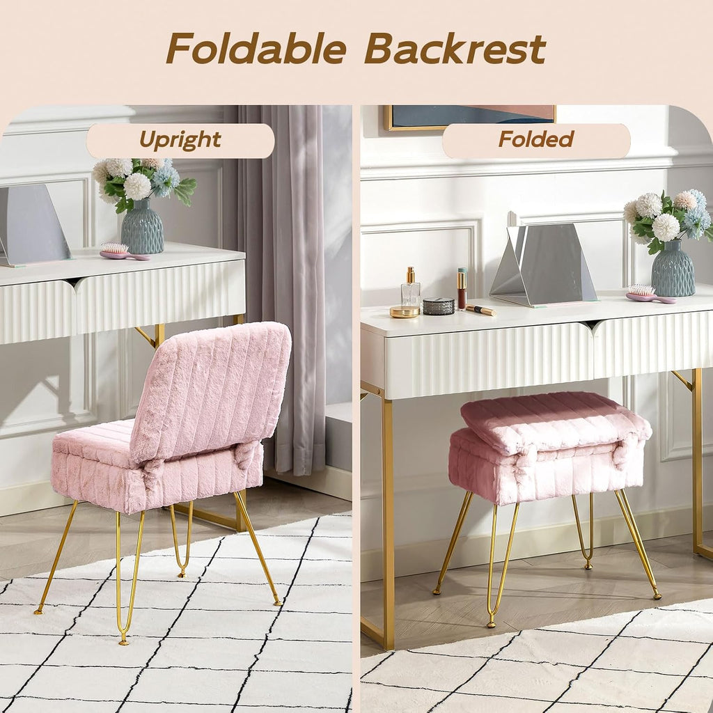Vanity Chair with Storage | Comfy Ottoman with Folding Back | Faux Fur Vanity Stool with 4 Metal Legs for Make Up | Furry Padded Seat with Anti-Slip Feet for Bedroom Dressing Room | Pink