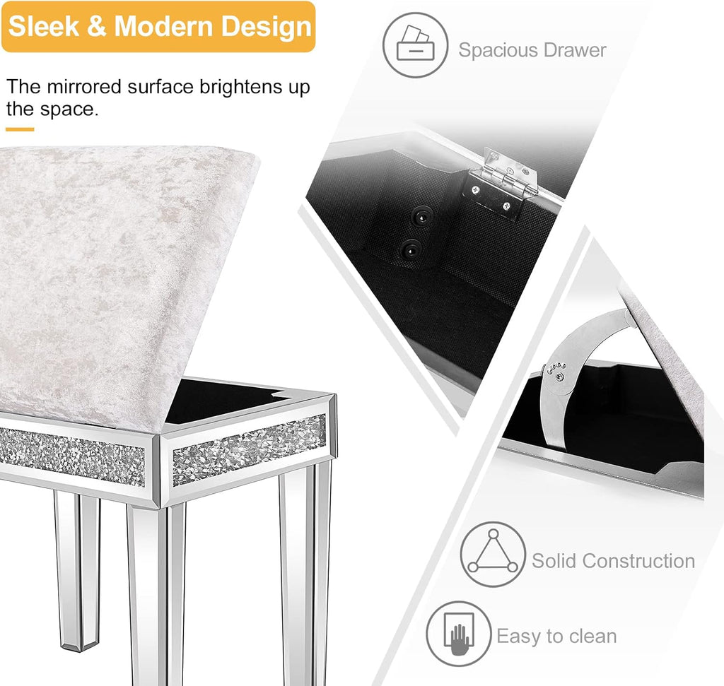 VINGLI Mirrored Vanity Stool with Storage, Upholstered Velvet Ottoman, Makeup Dressing Table Bench with Sparking Diamonds, Silver