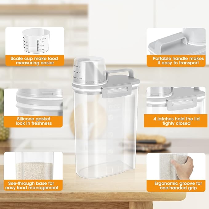 TBMax Rice Storage Container 2 Pack, Plastic Kitchen Pantry Food Storage Container with Cup, Small Pet Dog Cat Food Container Dispenser