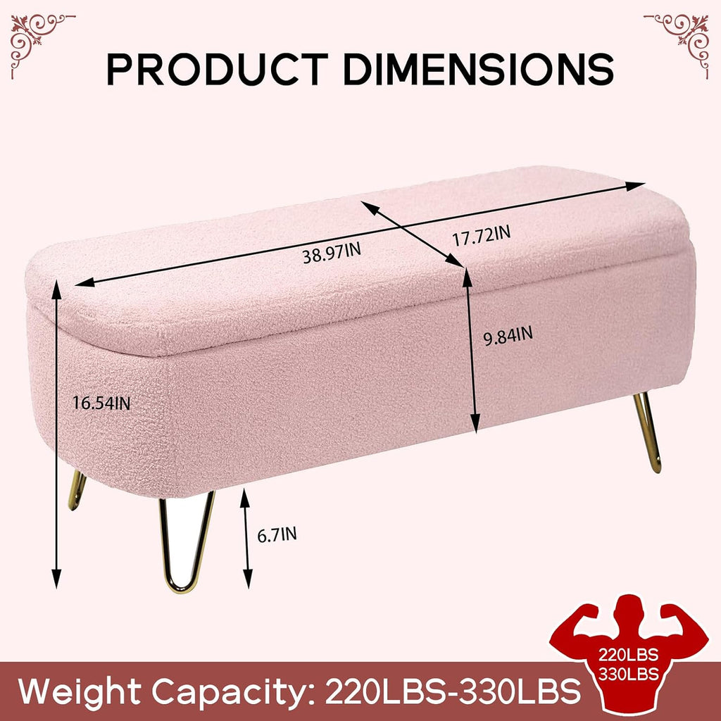 NIOIIKIT Storage Ottoman Bench, Faux Fur Upholstered Entryway Bench, Pink | Upholstered Ottoman Bench with Metal Legs, Bedroom Bench with Flip Top, Footrest Shoe Bench for Living Room, Bedroom