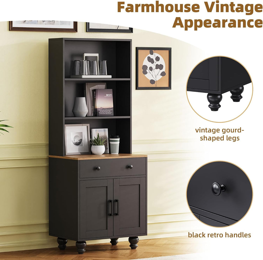 Farmhouse Storage Cabinet with Solid Wood Gourd Legs, 5-Tier Kitchen Pantry Cabinet with Adjustable Shelves & Drawer, Freestanding Bookshelf Display Cabinet for Living Room, Black