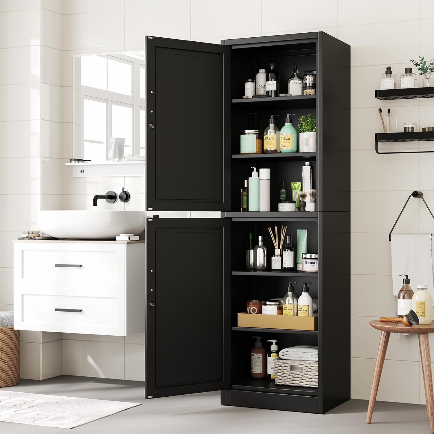 Metal Locker Cabinet with Doors and Shleves, 67" H Tall Narrow Storage Cabinet with Lock, Pantry Storage Cabinet for Living Room, Pantry, Bathroom (2Doors-Lock, Black)