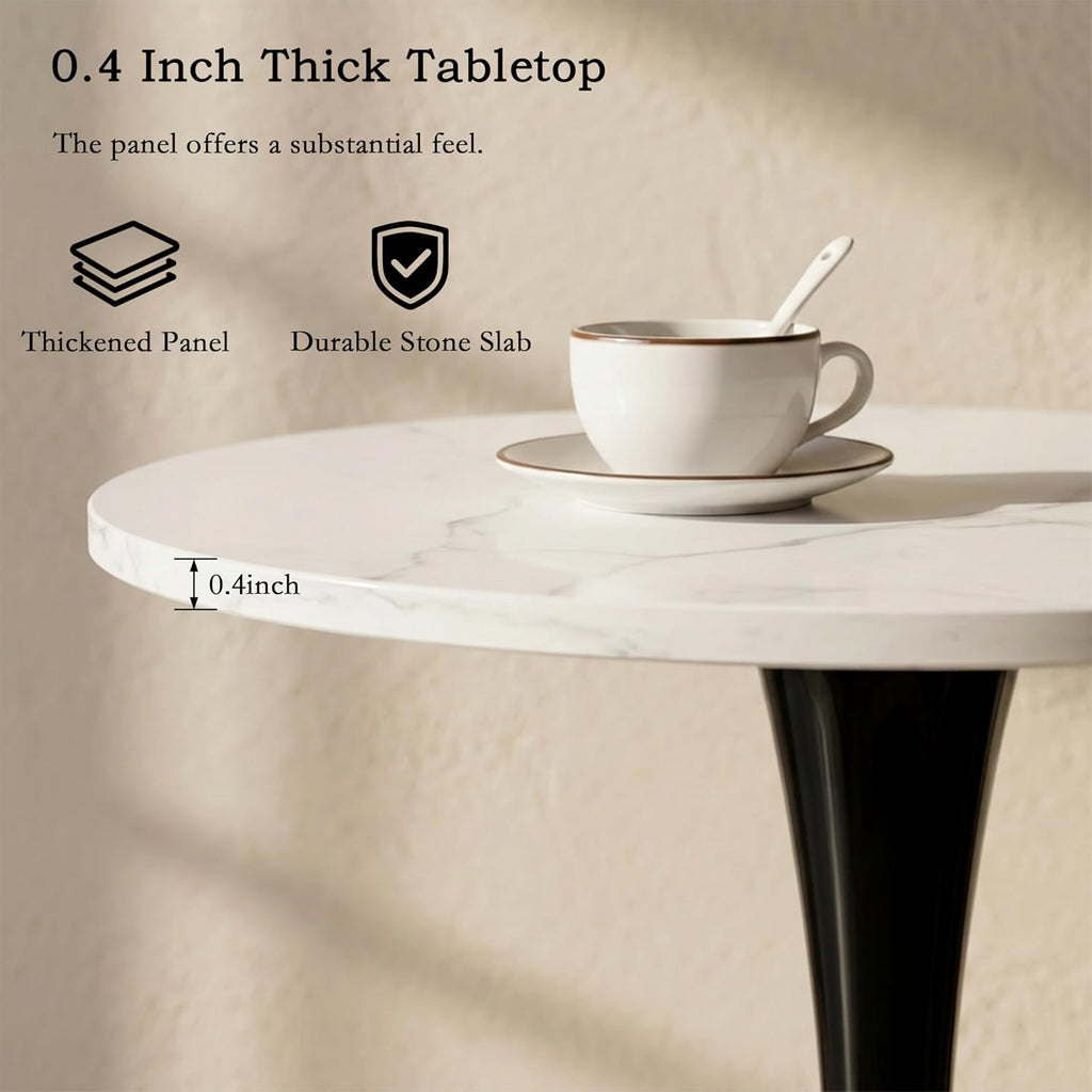 27.6" Marble Round Tulip Table, Mid-Century Modern Style Dining Table with Black Pedestal Base for 2-4 People, Featuring A Marble Tabletop for Kitchen, Dining Room, Cafe (White)