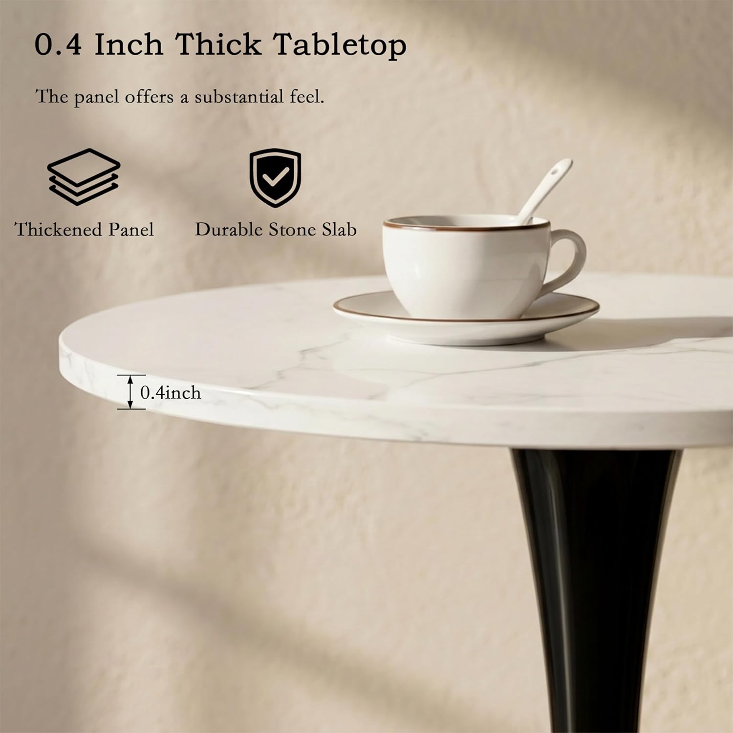 27.6" Marble Round Tulip Table, Mid-Century Modern Style Dining Table with Black Pedestal Base for 2-4 People, Featuring A Marble Tabletop for Kitchen, Dining Room, Cafe (White)