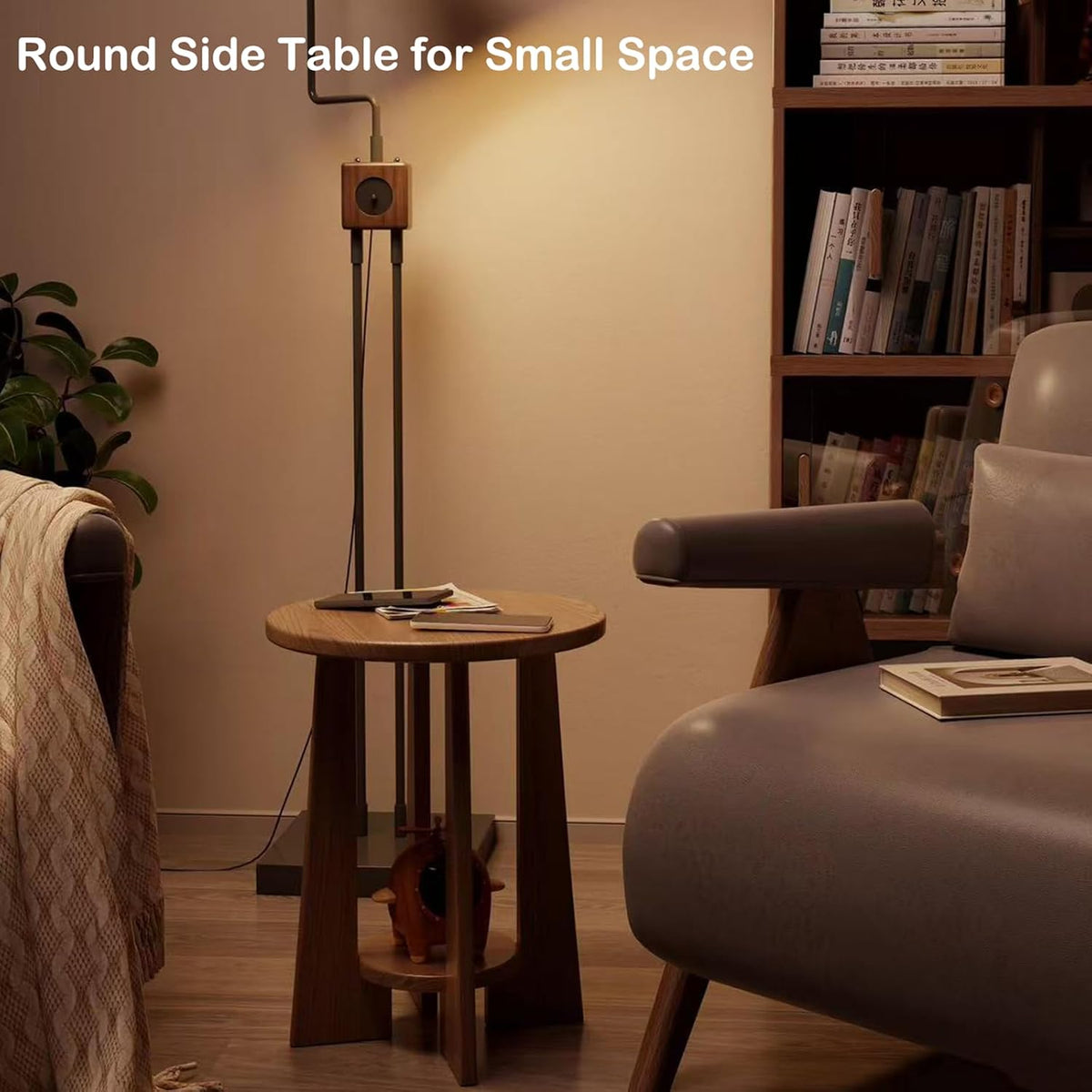YUNMUAIR-Round Wood End Table with 2-Tier Storage,15.75" Dia Small Accent Sofa Table,Solid Wood Nightstand,Modern Side Tables for Living Room Bedroom Small Space,Walnut Brown