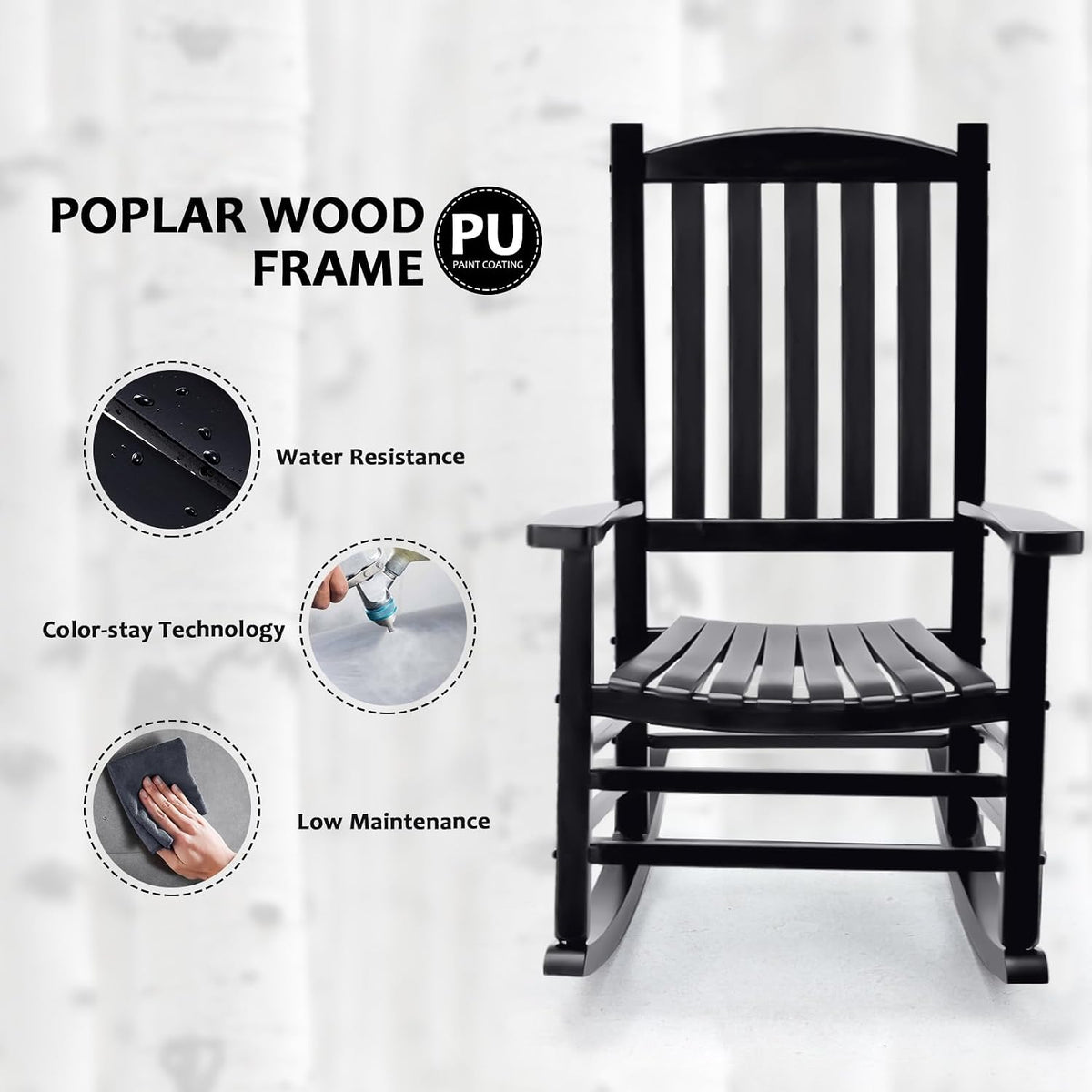 Hupmad Wooden Rocking Chair Outdoor Oversized Porch Rocker Chair,Patio Wooden Rocker with High Back and Armrest,All Weather Rocker Slatted for Backyard,Garden,400 lbs Support,Black