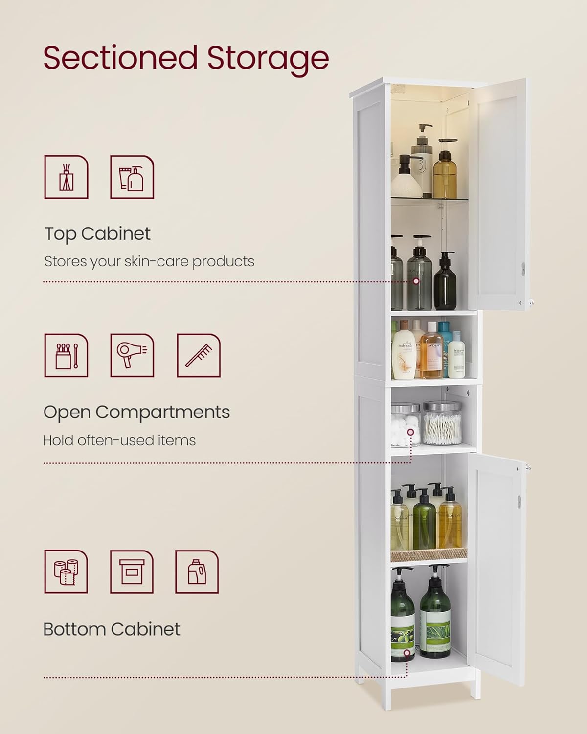 VASAGLE Tall Storage Cabinet with Lights, Slim Freestanding Cabinet with Adjustable Shelves, for Small Spaces, Bathroom, Living Room, Modern, 11.8 Inches Wide, Cloud White UBBC566W02V1