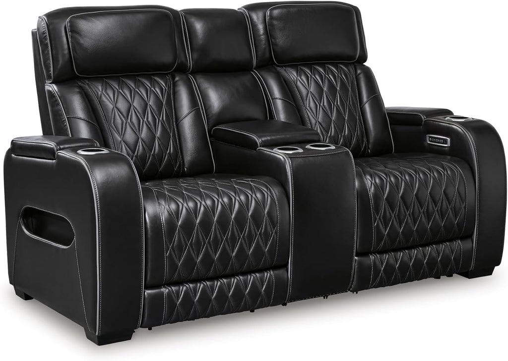 Signature Design by Ashley Boyington Power Reclining Loveseat with Console | A combination of leather and faux leather, Zero-gravity power recline, Air massage system and heat, USB storage console