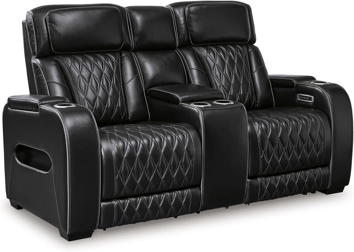Signature Design by Ashley Boyington Power Reclining Loveseat with Console | A combination of leather and faux leather, Zero-gravity power recline, Air massage system and heat, USB storage console