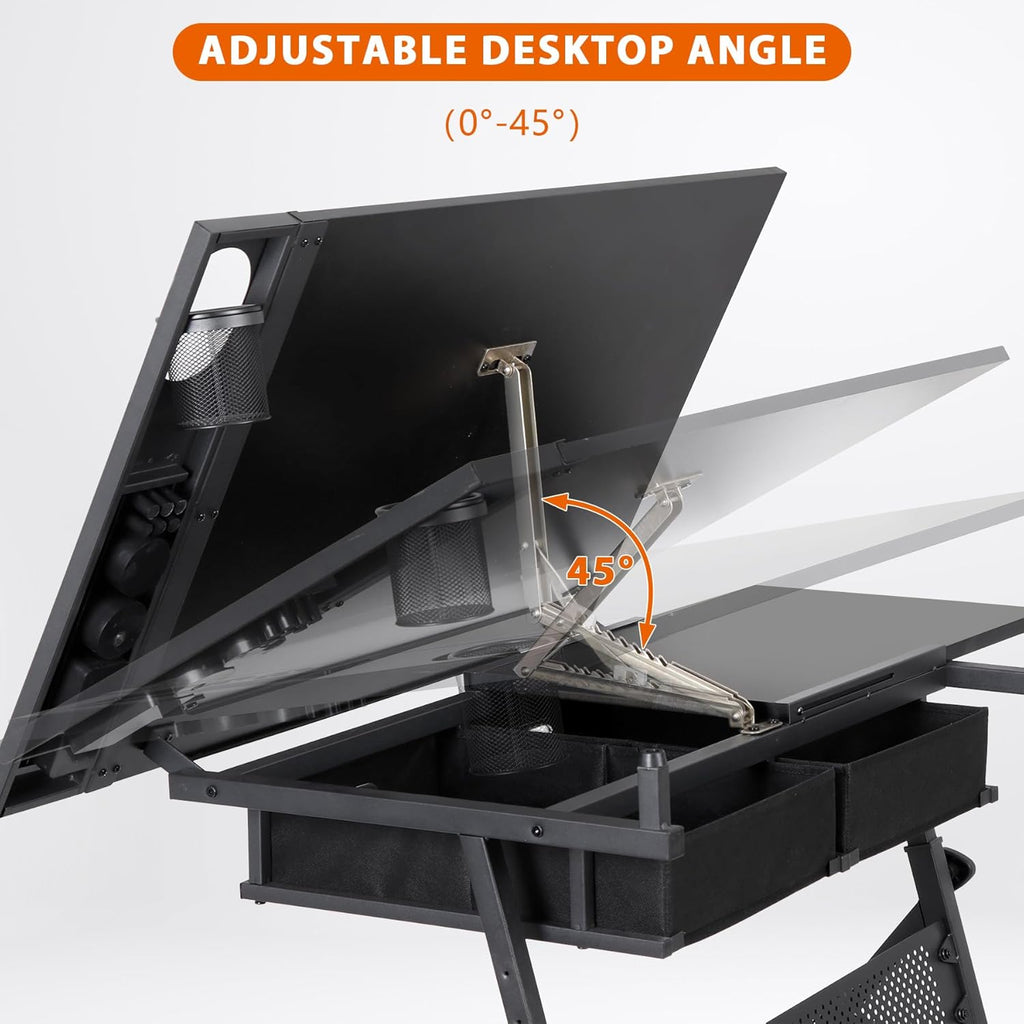 LEMY Drafting Table Art Desk, Height Adjustable Drawing Table Tilting Tabletop Work Station with Stool and Storage Drawer for Home, Office, Writing, Black