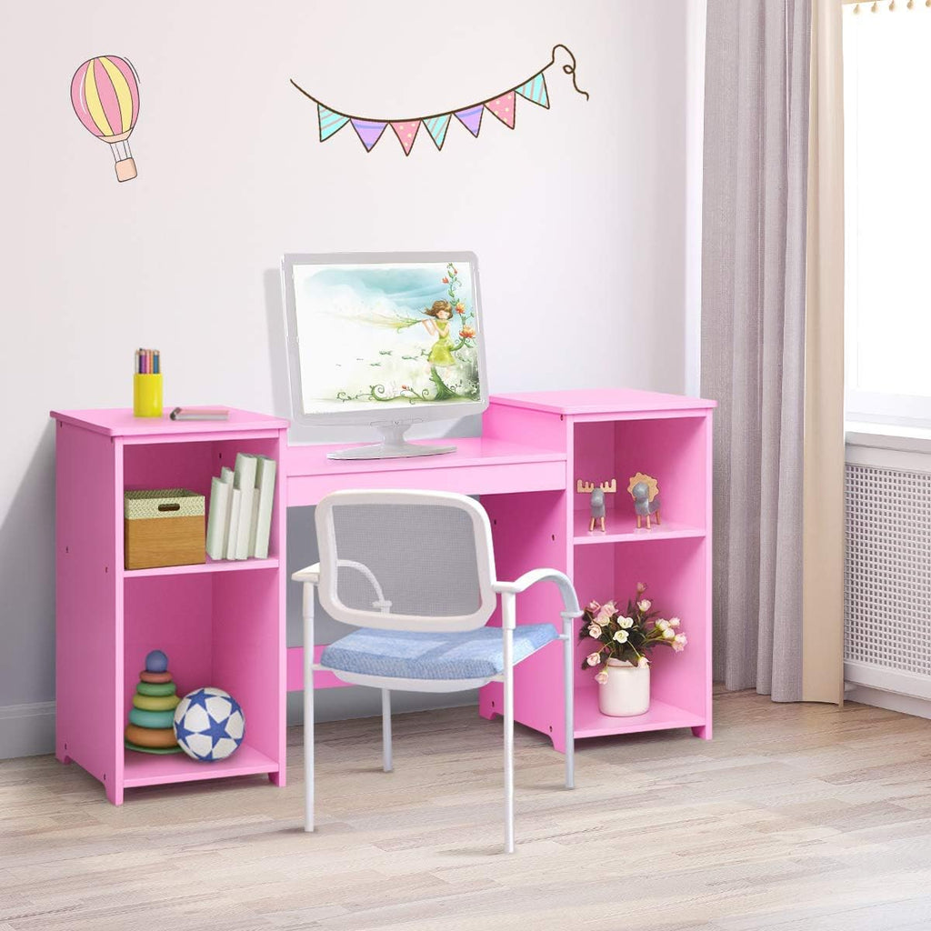 Costzon Kids Vanity, 2 in 1 Princess Makeup Desk Dressing Table with Detachable Top, Toddler Vanity with Tri-fold Mirror & Storage Shelves, Vanity Set for Little Girls, Pink