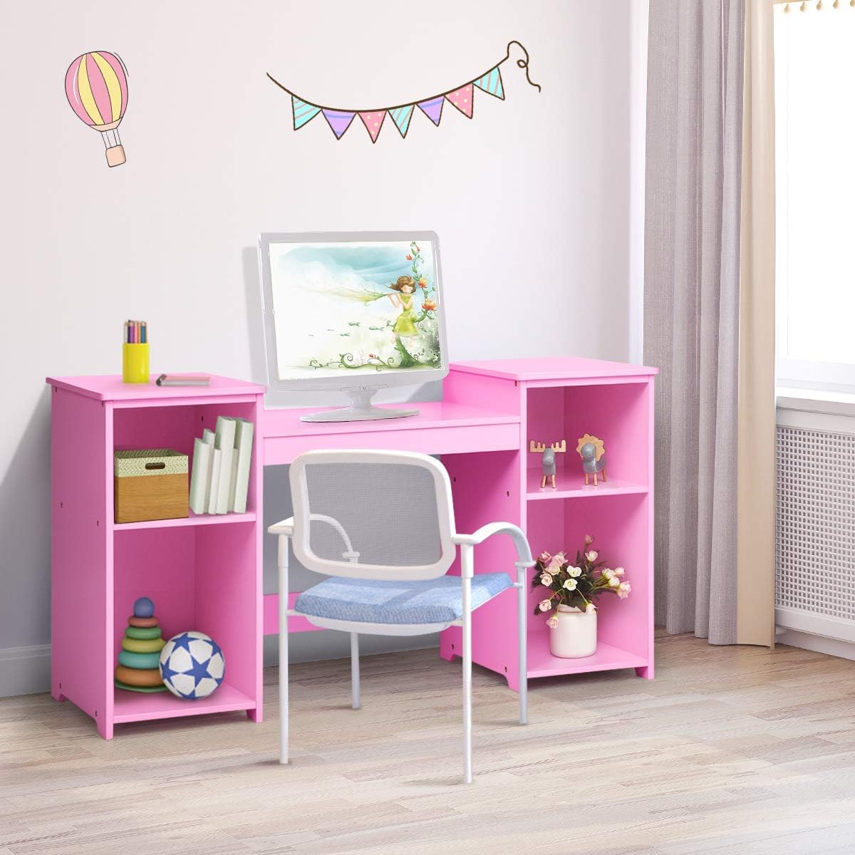 Costzon Kids Vanity, 2 in 1 Princess Makeup Desk Dressing Table with Detachable Top, Toddler Vanity with Tri-fold Mirror & Storage Shelves, Vanity Set for Little Girls, Pink