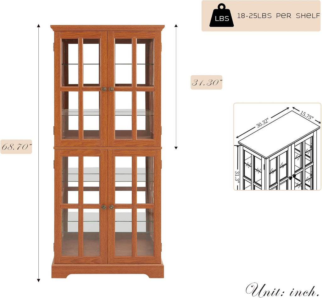 69" Lighted Display Cabinet with 4 Glass Doors, Tall Elegant Bookcase with Adjustable Shelves, Light Bulb Included, Wooden Storage Organizer Cabinet for Collectibles, Living Room (Dark Oak)
