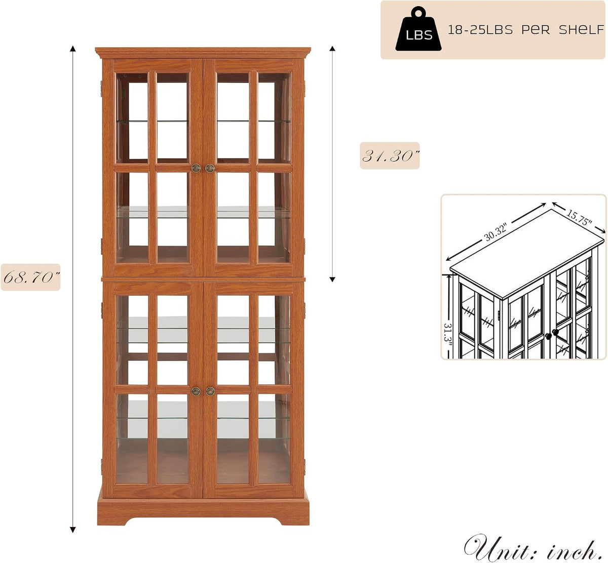 69" Lighted Display Cabinet with 4 Glass Doors, Tall Elegant Bookcase with Adjustable Shelves, Light Bulb Included, Wooden Storage Organizer Cabinet for Collectibles, Living Room (Dark Oak)