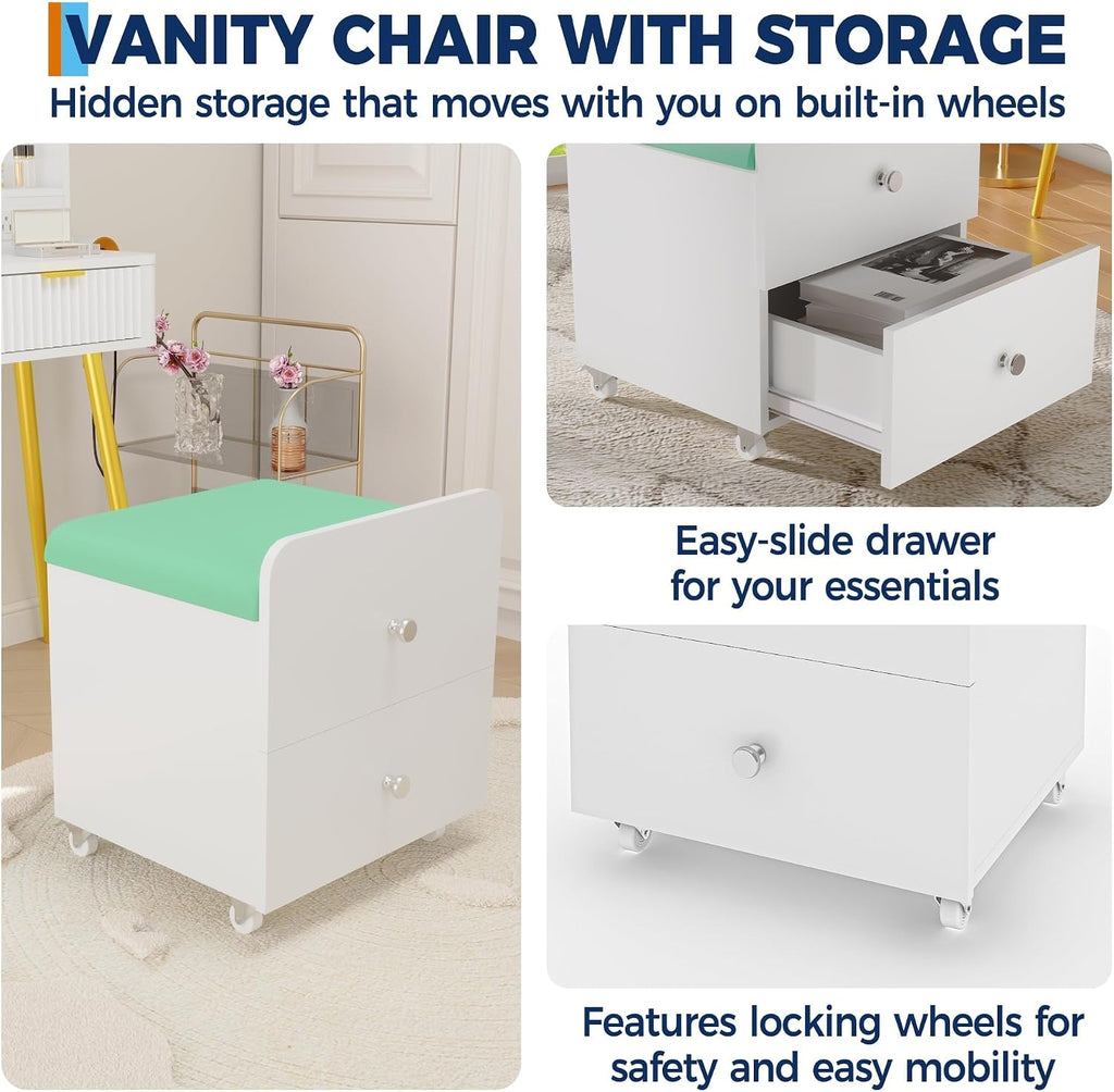 Garvee Vanity Stool Chair with Storage, 17.32" l x 15.16" w x 17.32" h PU Ottoman with Lockable Wheels & Storage Drawer, Modern Multifunctional Chairs for Makeup