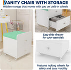 Garvee Vanity Stool Chair with Storage, 17.32" l x 15.16" w x 17.32" h PU Ottoman with Lockable Wheels & Storage Drawer, Modern Multifunctional Chairs for Makeup