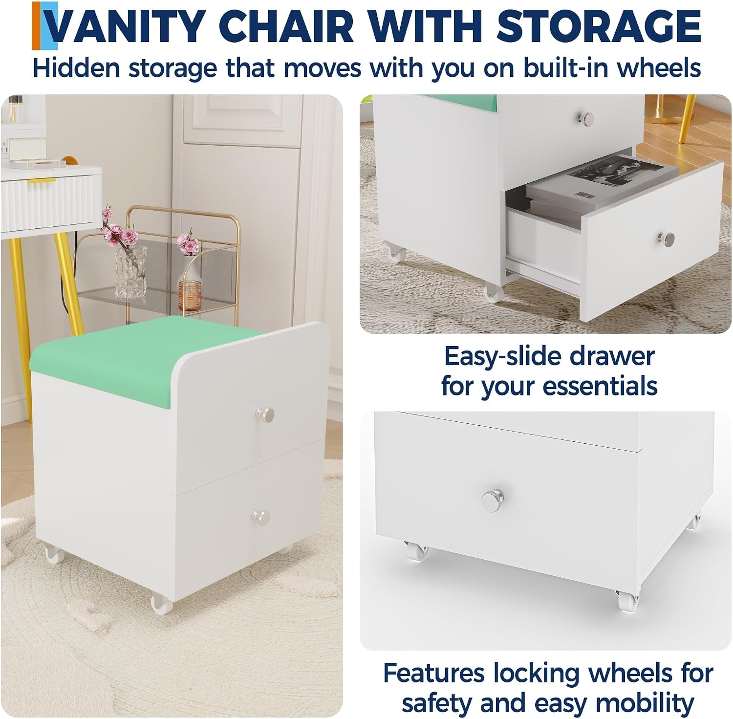 Garvee Vanity Stool Chair with Storage, 17.32" l x 15.16" w x 17.32" h PU Ottoman with Lockable Wheels & Storage Drawer, Modern Multifunctional Chairs for Makeup