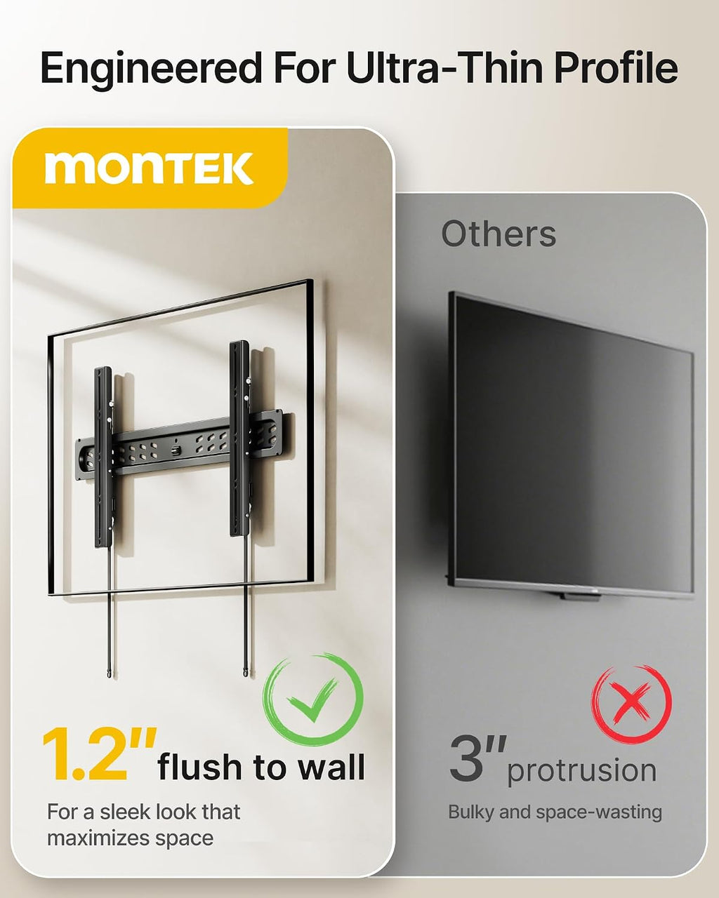 monTEK Ultra Slim Tilting TV Wall Mount for 43–95 inch TVs Holds 150 lbs | 1.2 in Low Profile, 0~-12° Tilt, 4X Safety Tested, Max VESA 800x400mm, Fits 16/18/24 in Wood Studs, Living Room, Home Theater