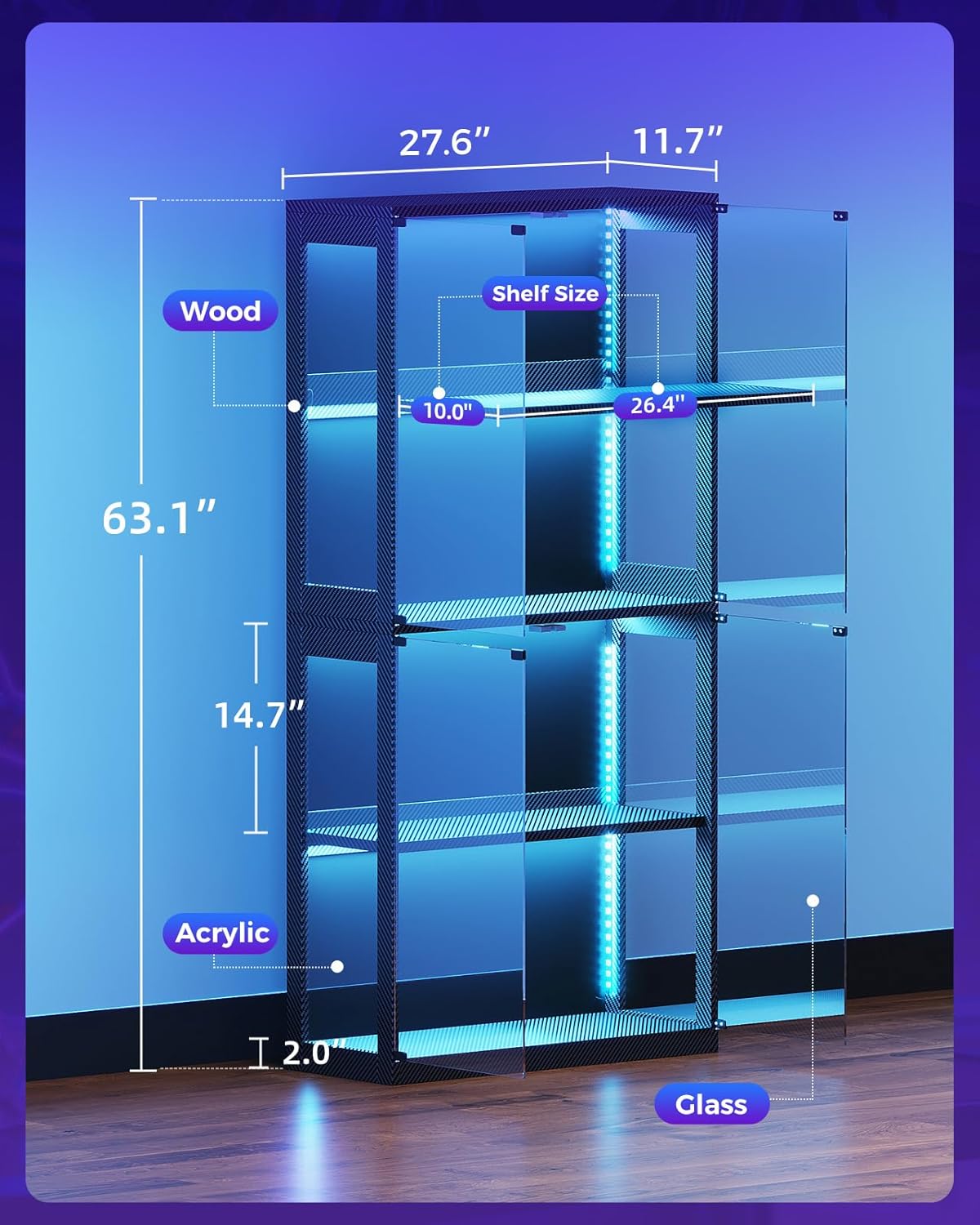 AODK Display Case with RGB Lights, 4-Tier Display Cabinet with Glass Doors and Storage Shelves, Glass Display Cabinet Shelf for Collectibles, Black Curio Cabinet for Game Room