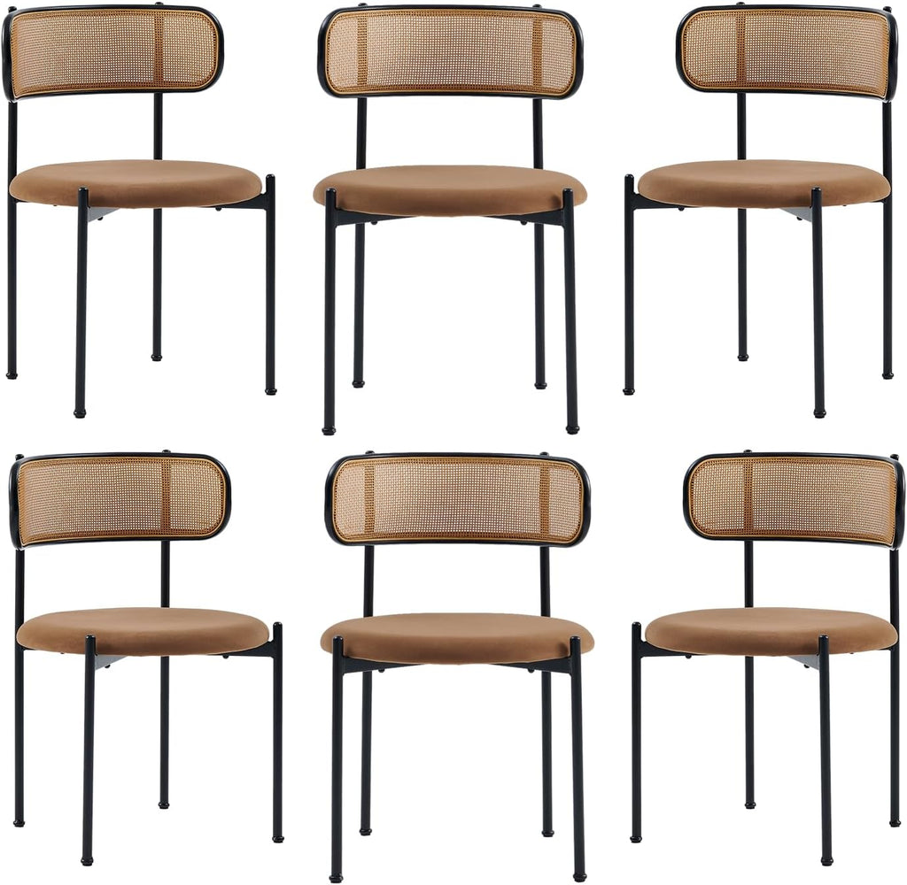 Rattan Dining Chairs Set of 6, Kitchen Chairs with Curved Cane Backrest &Metal Legs, Modern Dining Room Chair, Round Upholstered Sherpa Chair for Living Room, Brown