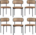 Rattan Dining Chairs Set of 6, Kitchen Chairs with Curved Cane Backrest &Metal Legs, Modern Dining Room Chair, Round Upholstered Sherpa Chair for Living Room, Brown