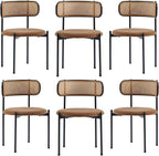 Rattan Dining Chairs Set of 6, Kitchen Chairs with Curved Cane Backrest &Metal Legs, Modern Dining Room Chair, Round Upholstered Sherpa Chair for Living Room, Brown