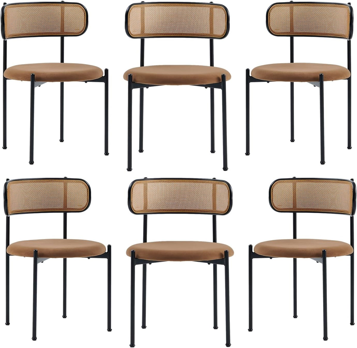Rattan Dining Chairs Set of 6, Kitchen Chairs with Curved Cane Backrest &Metal Legs, Modern Dining Room Chair, Round Upholstered Sherpa Chair for Living Room, Brown
